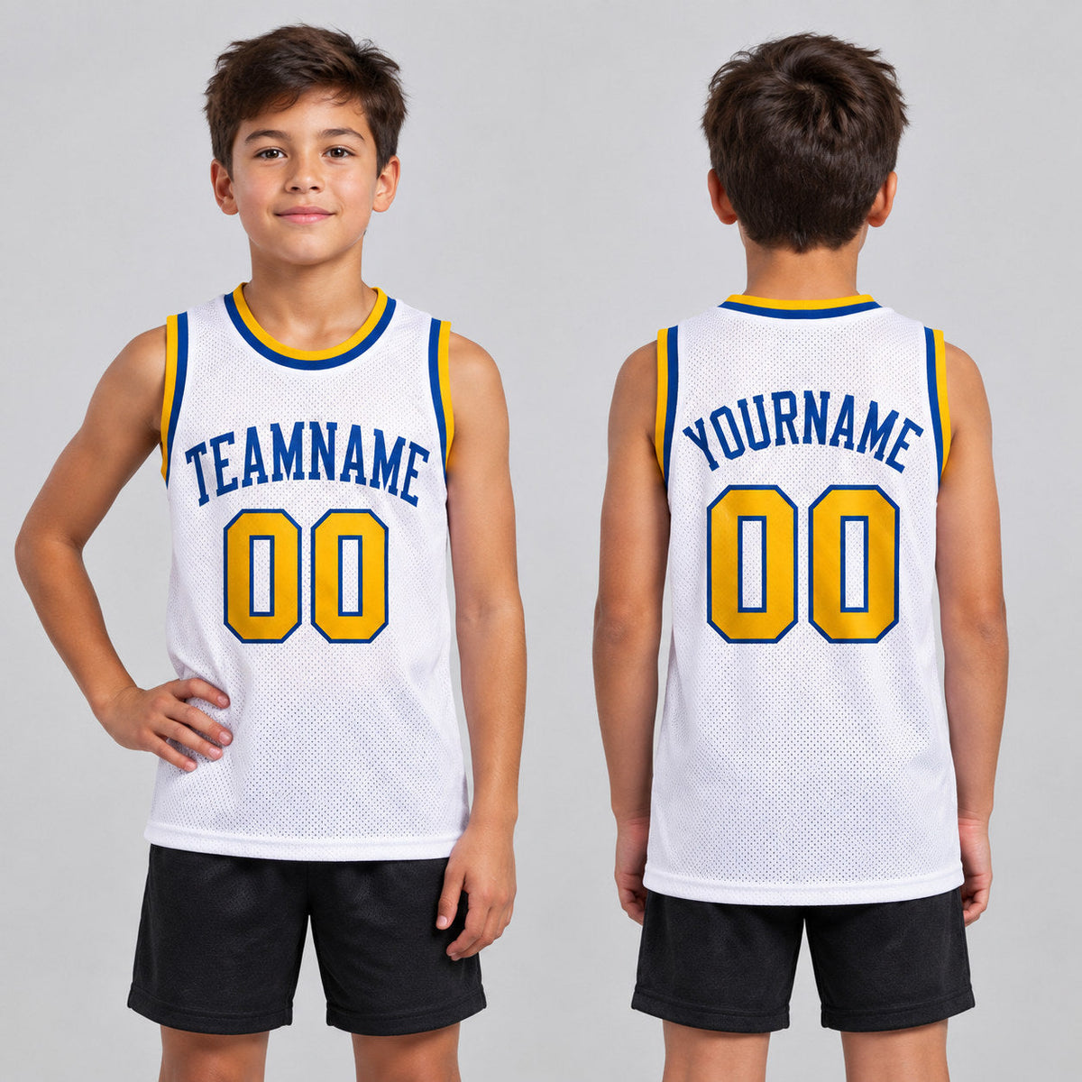 Custom White Authentic Throwback Basketball Jersey with Gold and Royal Lettering Design 1282 youth size worn by child model