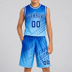Custom Blue Round Neck Sublimated Basketball Jersey with Royal and Light Blue Lettering youth size worn by child model