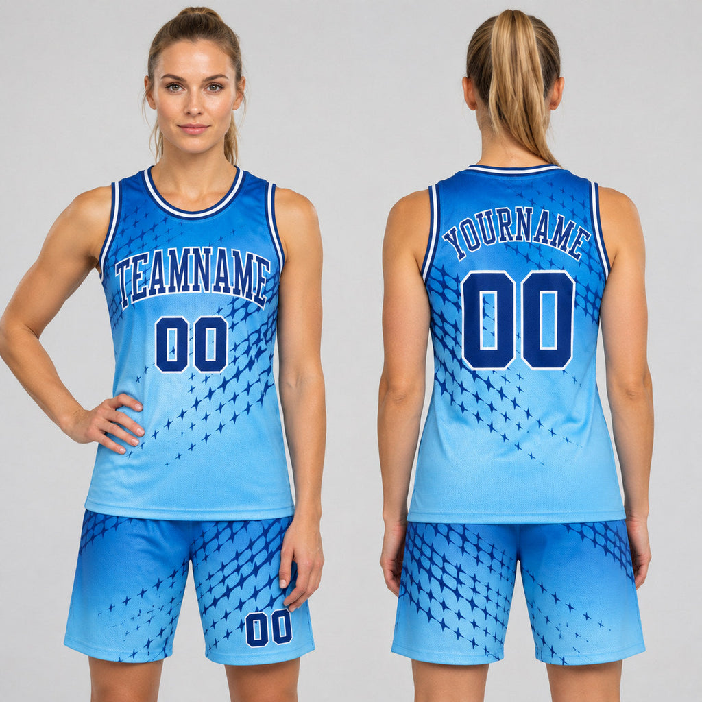 Custom Blue Round Neck Sublimated Basketball Jersey with Royal and Light Blue Lettering worn by female model