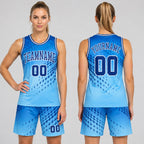 Custom Blue Round Neck Sublimated Basketball Jersey with Royal and Light Blue Lettering worn by female model