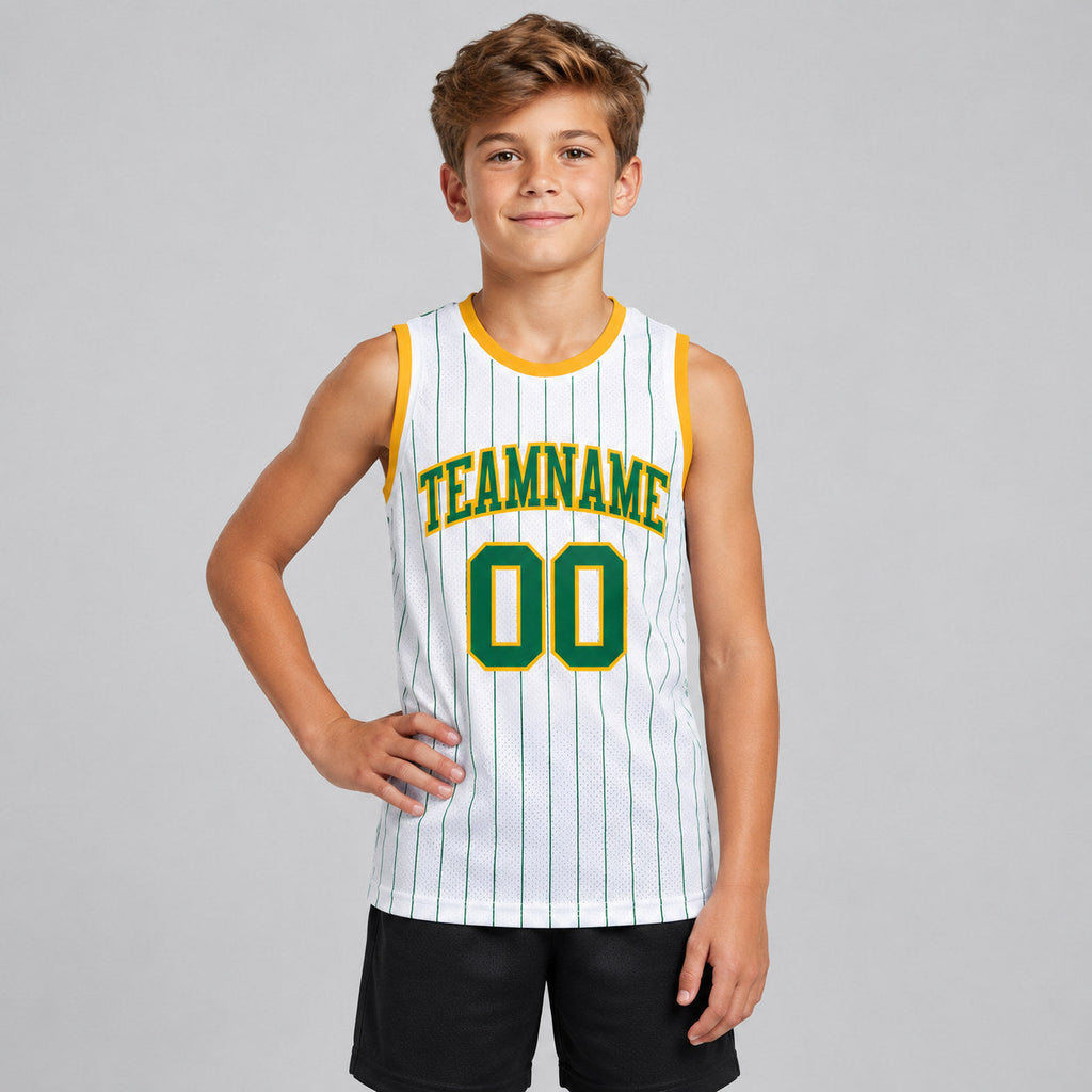 Custom White and Kelly Green Basketball Jersey with Kelly Green and Gold Lettering youth size worn by child model