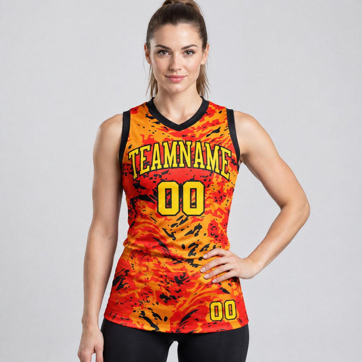 Custom Gold and Orange Figure Round Neck Sublimated Basketball Jersey worn by female model