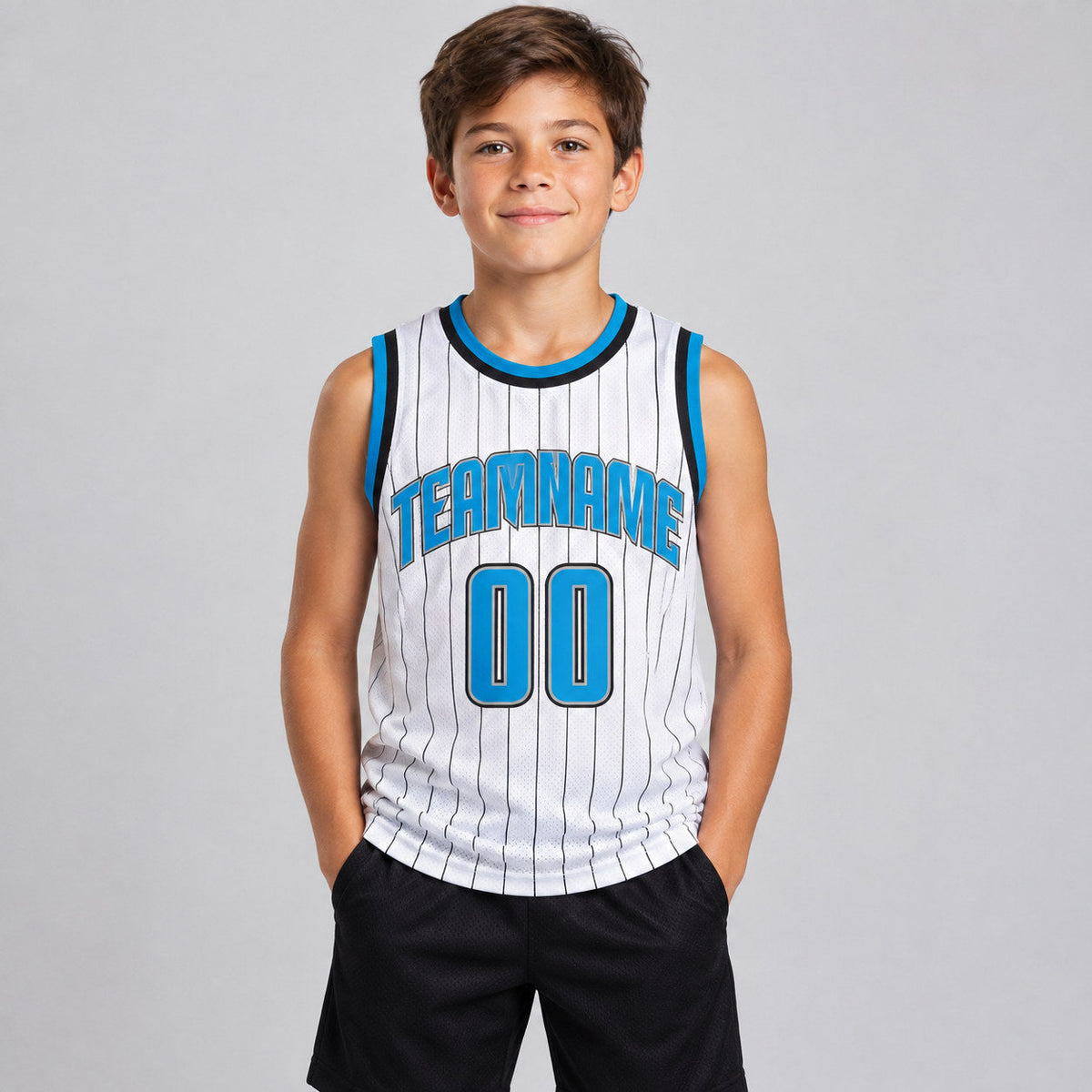 Custom White and Black Pinstripe Authentic Basketball Jersey with Blue and Gray Lettering youth size worn by child model
