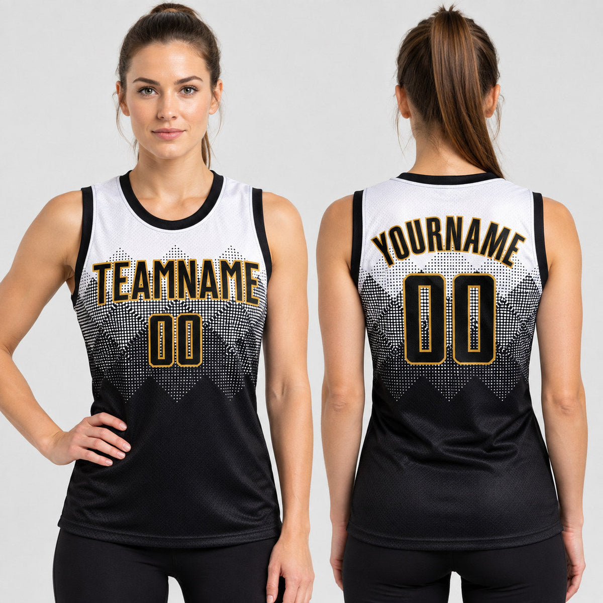 Custom White Round Neck Sublimated Basketball Jersey with Black and Old Gold Lettering Design 0001 worn by female model