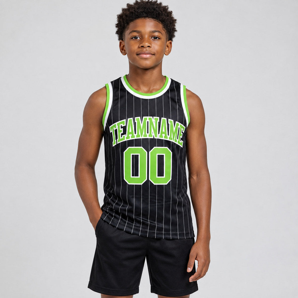 Custom Black and White Pinstripe Authentic Basketball Jersey with Neon Green and White Lettering Design 1342 youth size worn by child model