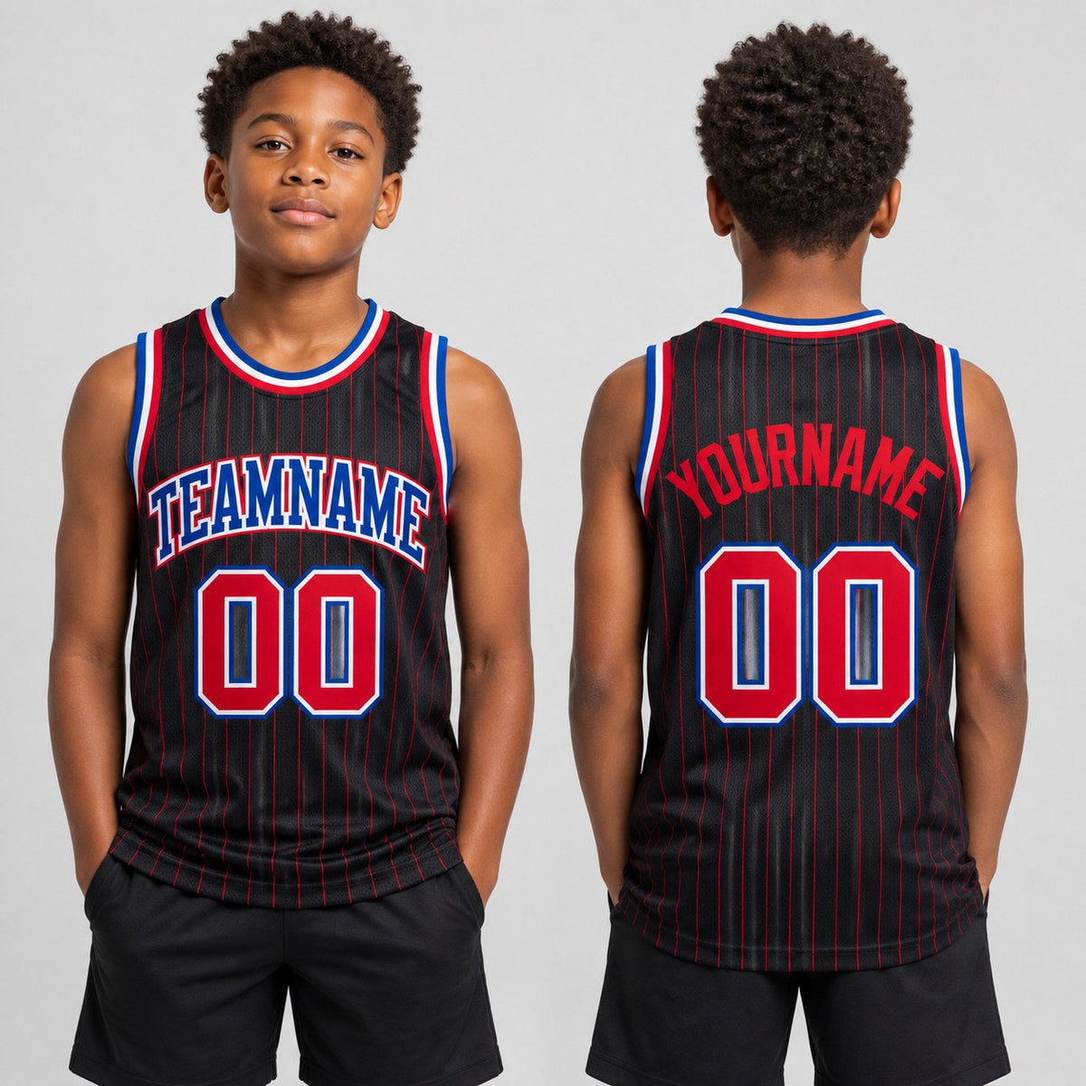 Custom Black and Red Pinstripe Authentic Basketball Jersey with Red and Royal Lettering youth size worn by child model