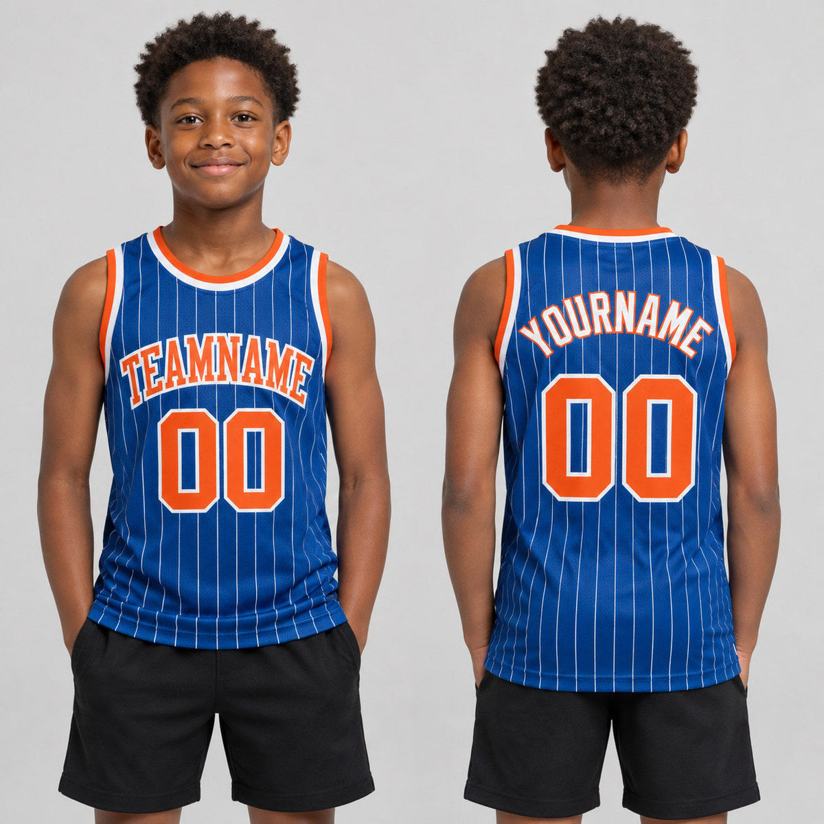 Custom Royal and White Pinstripe Authentic Basketball Jersey with Orange and White Lettering Design 0477 youth size worn by child model
