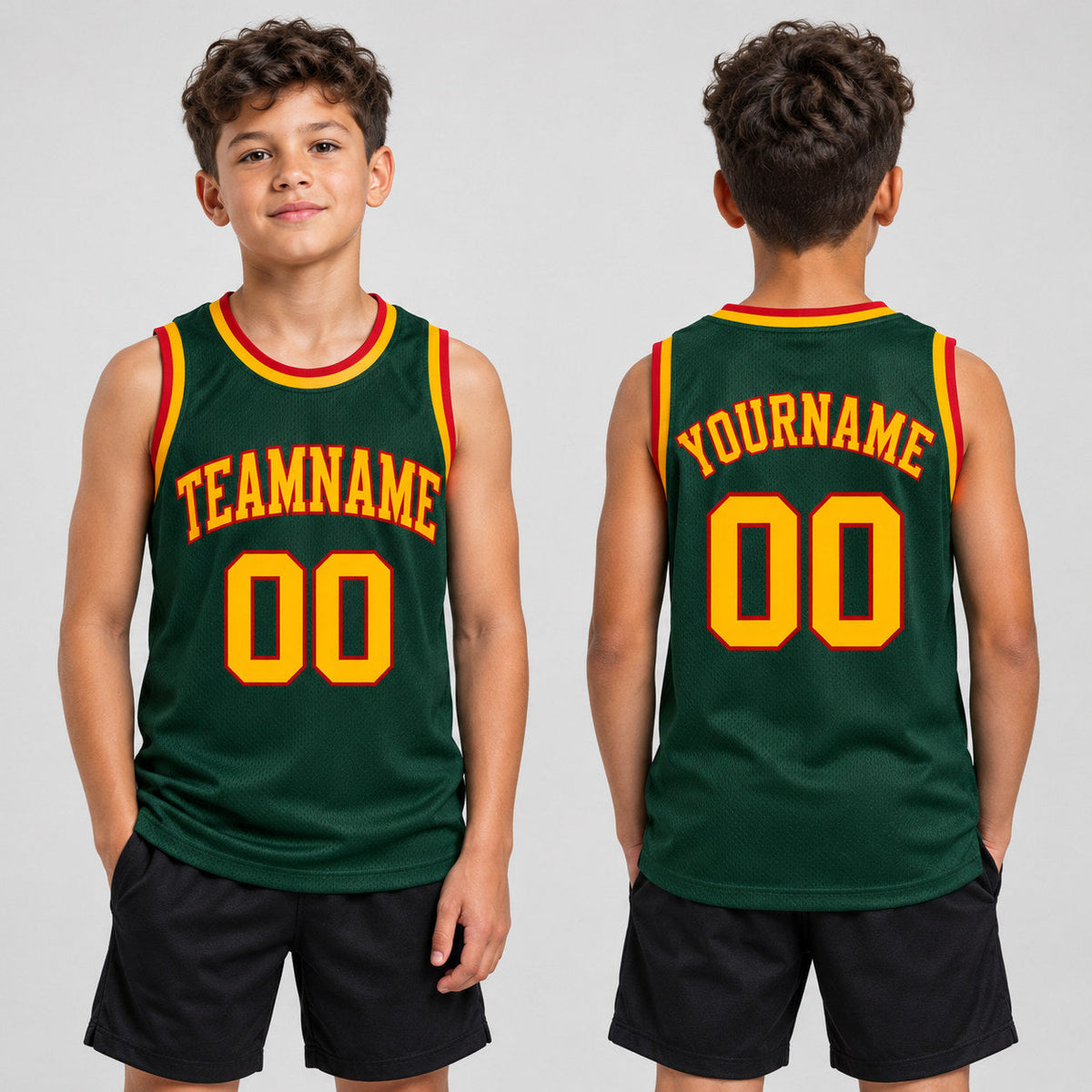 Custom Hunter Green Authentic Throwback Basketball Jersey with Gold and Red Lettering youth size worn by child model