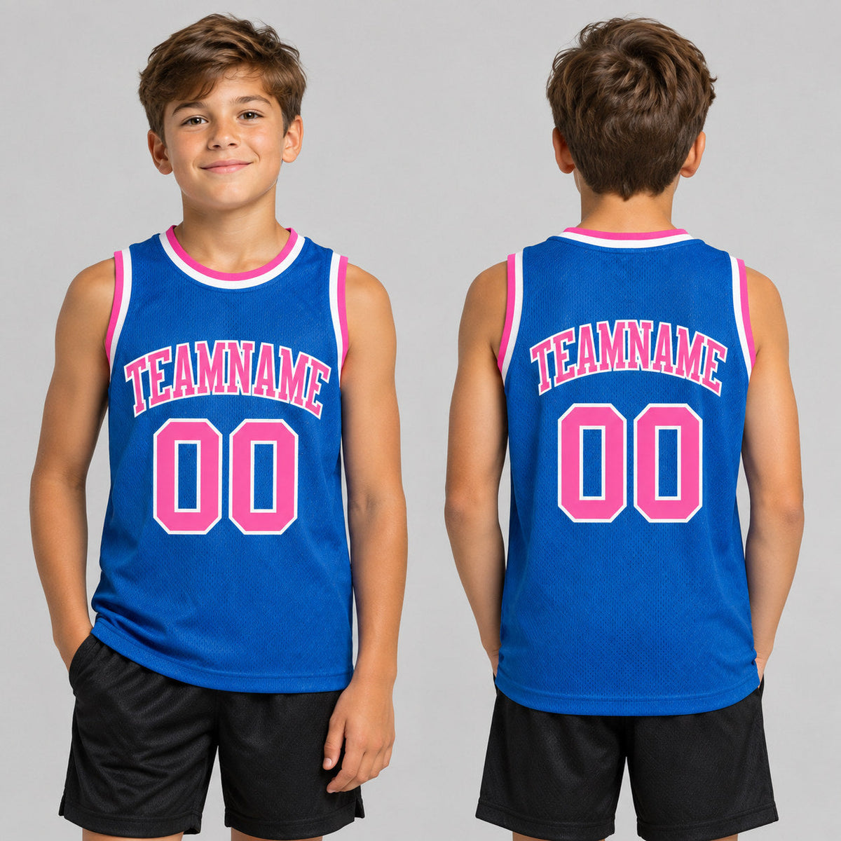 Custom Blue Authentic Throwback Basketball Jersey with Pink and White Lettering youth size worn by child model