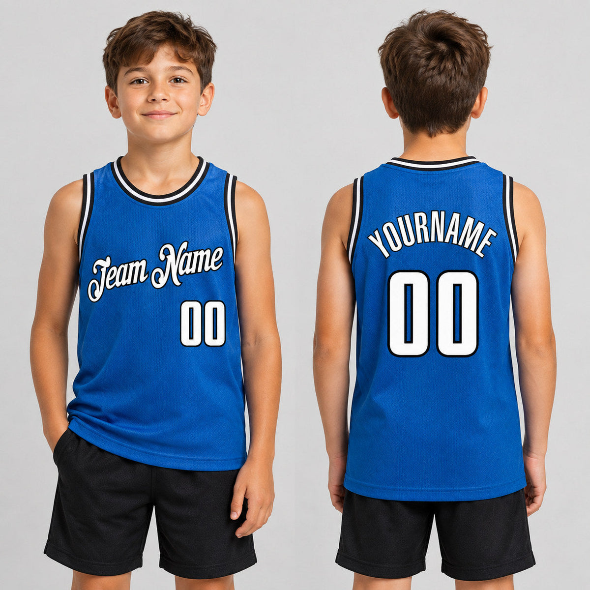 Custom Blue Authentic Throwback Basketball Jersey with White and Black Lettering Design 0020 youth size worn by child model
