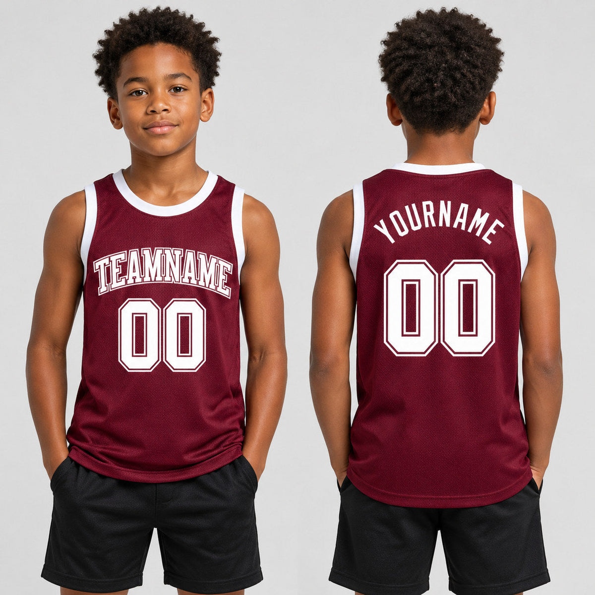 Custom Burgundy Authentic Basketball Jersey with White Lettering youth size worn by child model