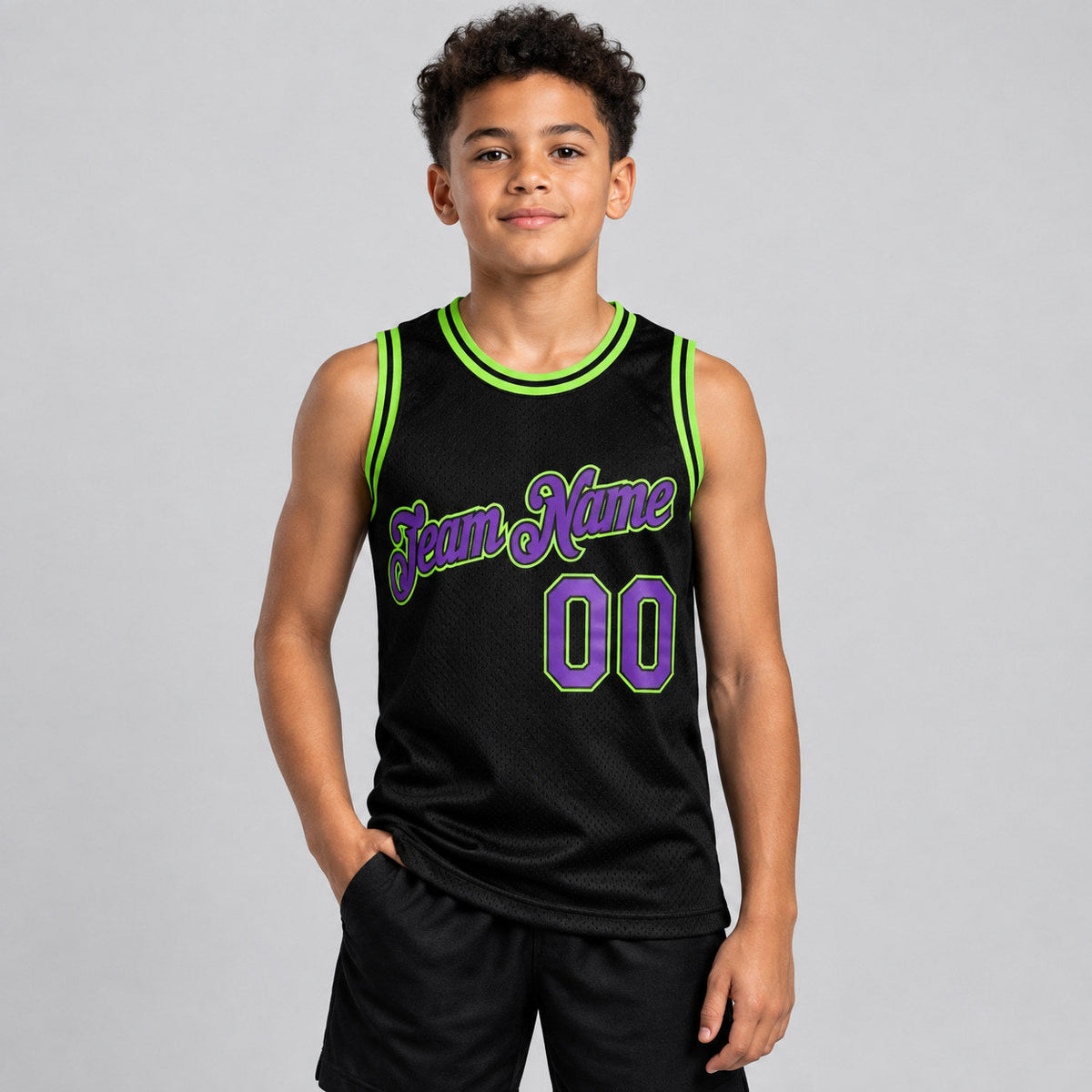 Custom Black Authentic Throwback Basketball Jersey with Purple and Neon Green Lettering youth size worn by child model