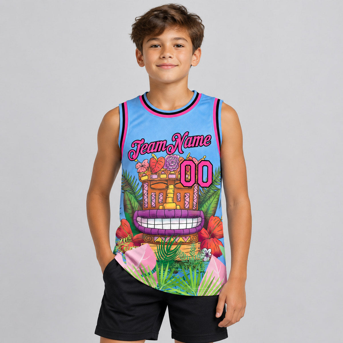 Custom Light Blue Cartoon Tropical Hawaii Authentic Basketball Jersey with Pink and Black Lettering youth size worn by child model