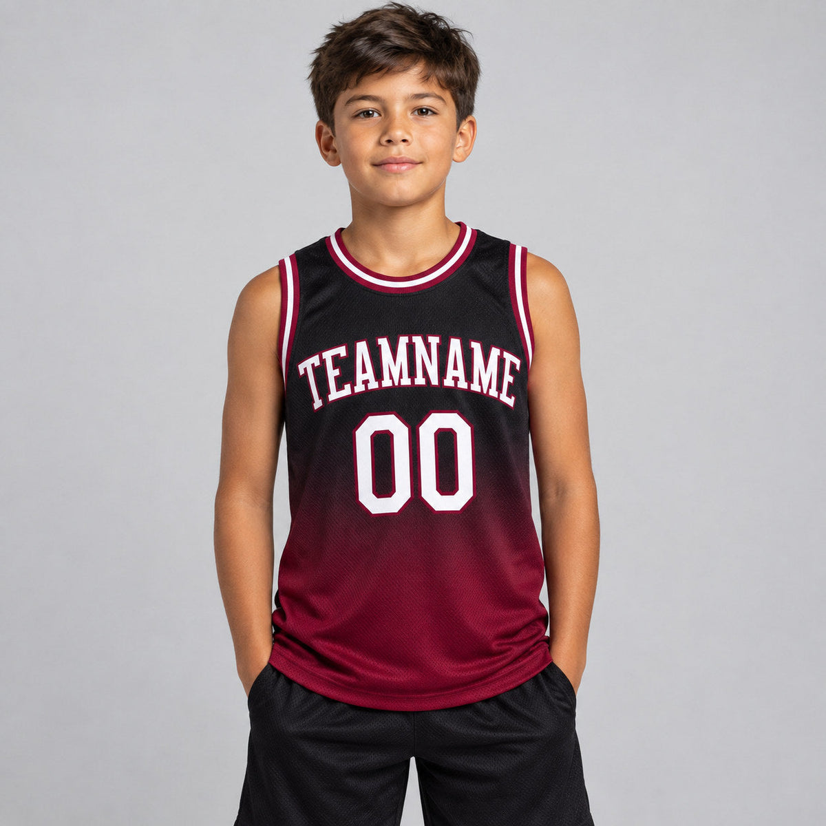 Custom Black Fade Authentic Basketball Jersey with White and Maroon Lettering youth size worn by child model