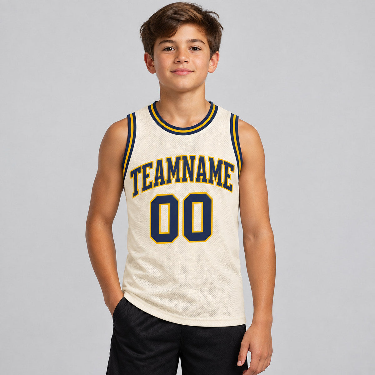 Custom Cream Authentic Throwback Basketball Jersey with Navy and Gold Lettering Design 0266 youth size worn by child model