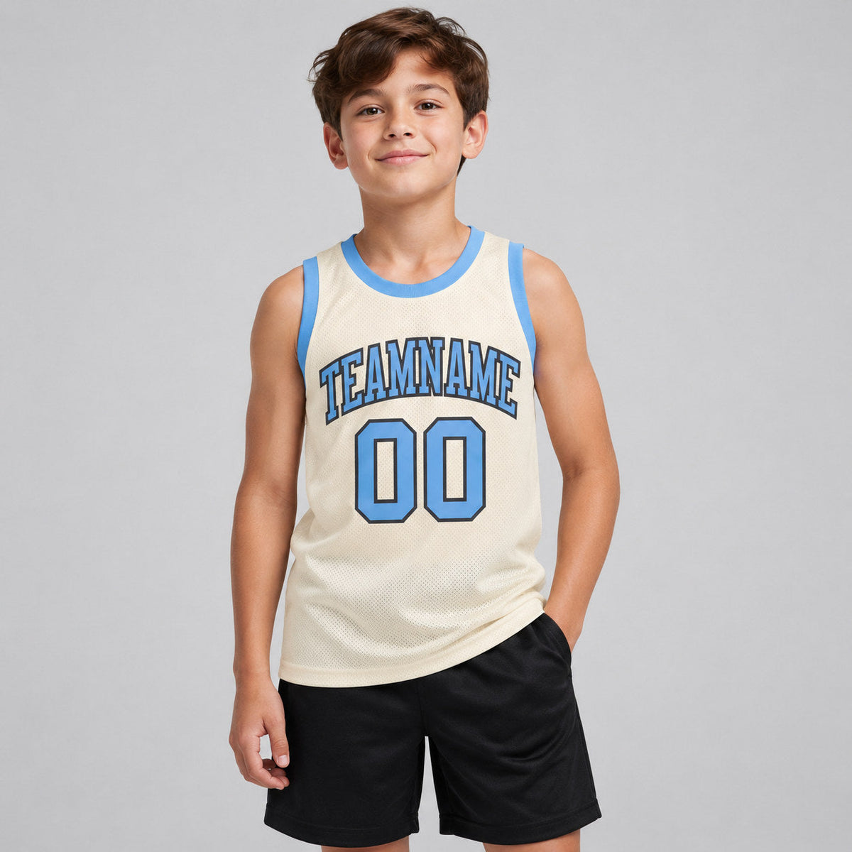 Custom Cream Authentic Throwback Basketball Jersey with Light Blue and Steel Gray Lettering youth size worn by child model