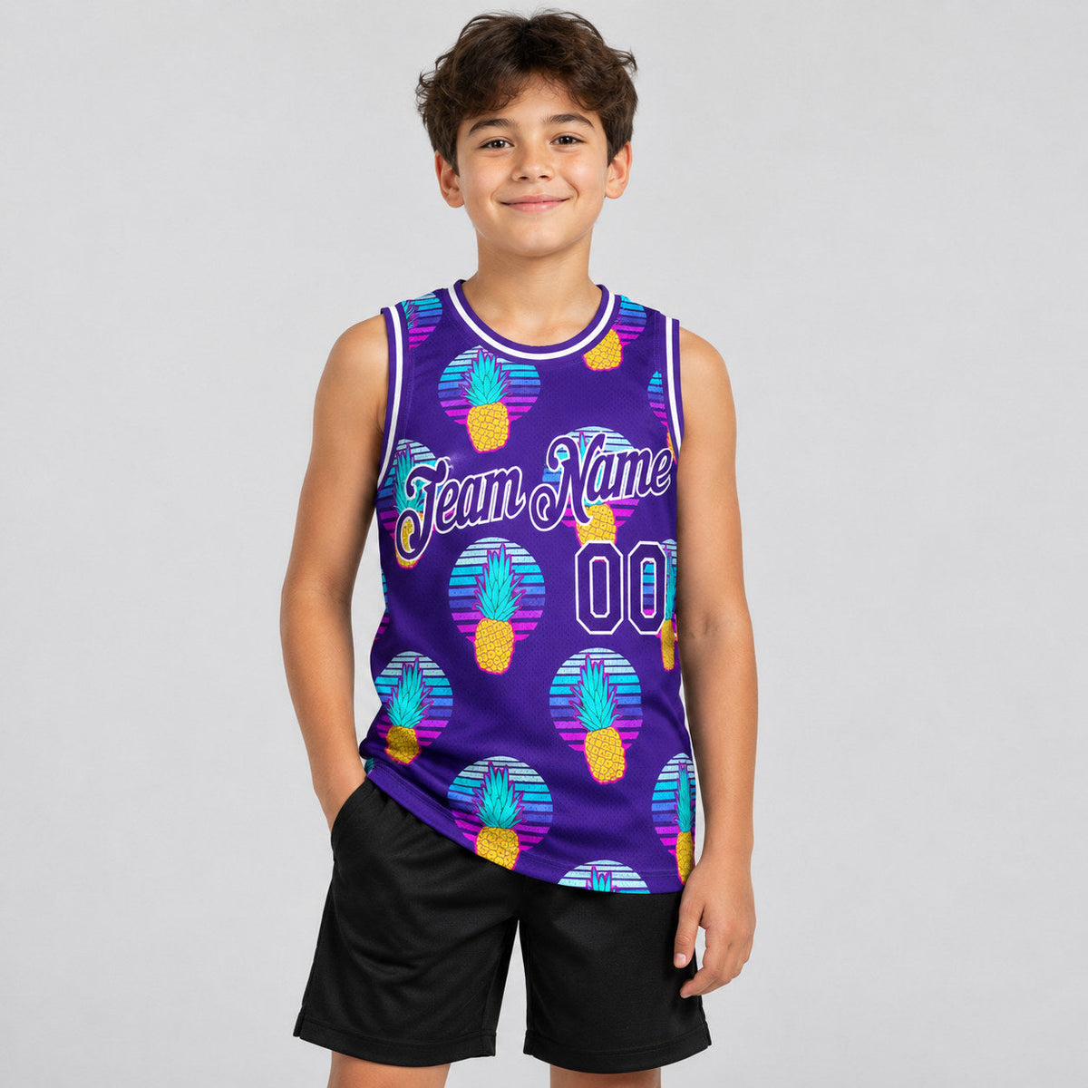 Custom Purple Pineapples Authentic Basketball Jersey with Purple and White Lettering youth size worn by child model