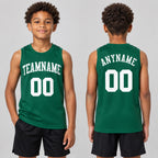 Custom Kelly Green Round Neck Basketball Jersey with White Lettering youth size worn by child model