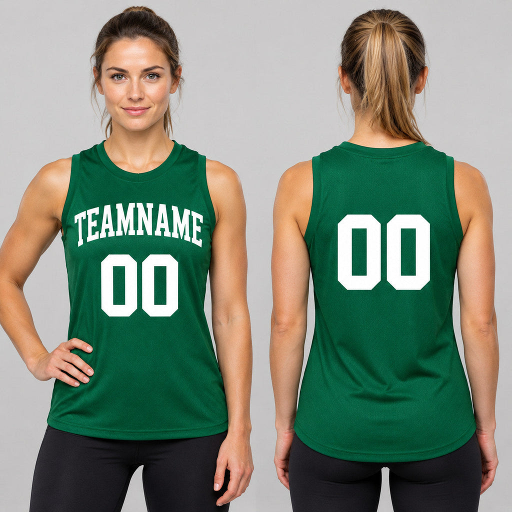 Custom Kelly Green Round Neck Basketball Jersey with White Lettering worn by female model