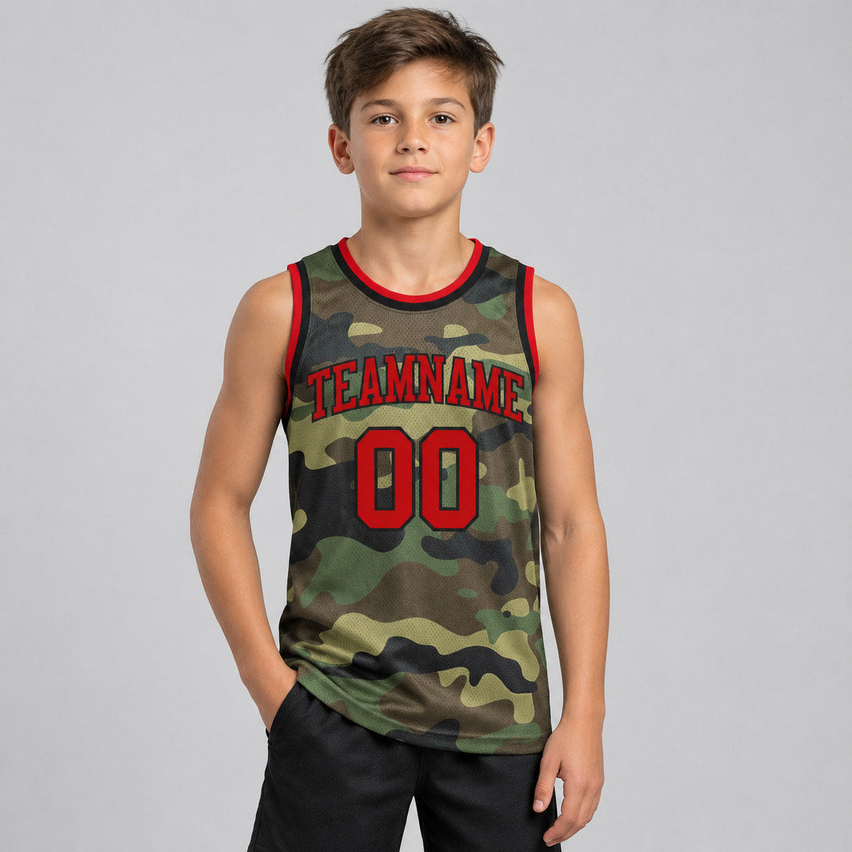 Custom Red and Black Camo Salute To Service Authentic Basketball Jersey youth size worn by child model