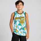 Custom White Tropical Hawaii Plant Authentic Basketball Jersey with Gold and Navy Lettering youth size worn by child model