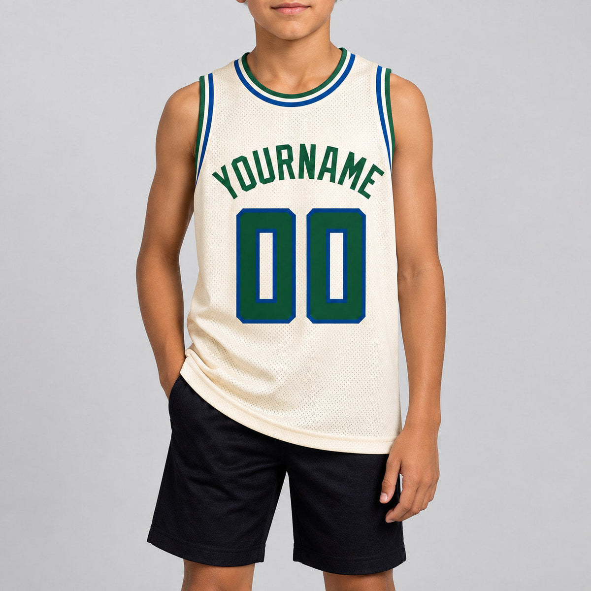 Custom Cream Authentic Throwback Basketball Jersey with Green and Royal Lettering Design 0515 youth size worn by child model