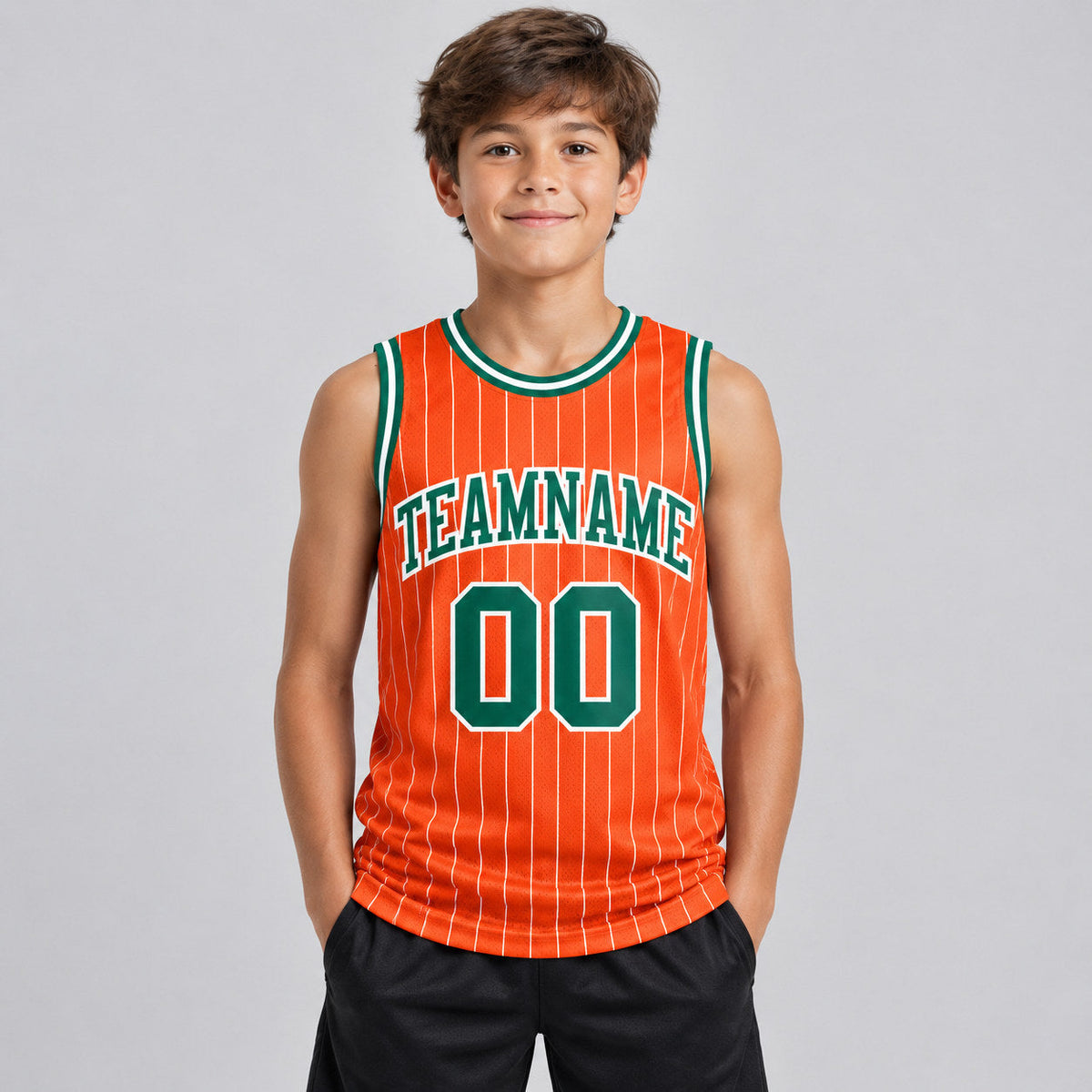 Custom Orange Pinstripe Authentic Basketball Jersey with White Lettering Design 0323 youth size worn by child model