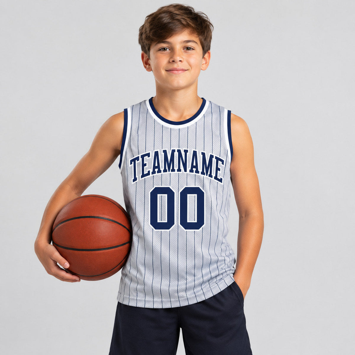 Custom Gray and Navy Pinstripe Authentic Basketball Jersey with Navy and White Lettering youth size worn by child model