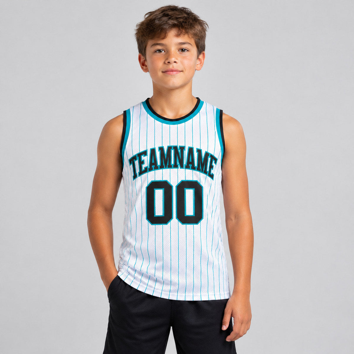 Custom White Pinstripe Authentic Basketball Jersey with Teal Lettering Design 1280 youth size worn by child model