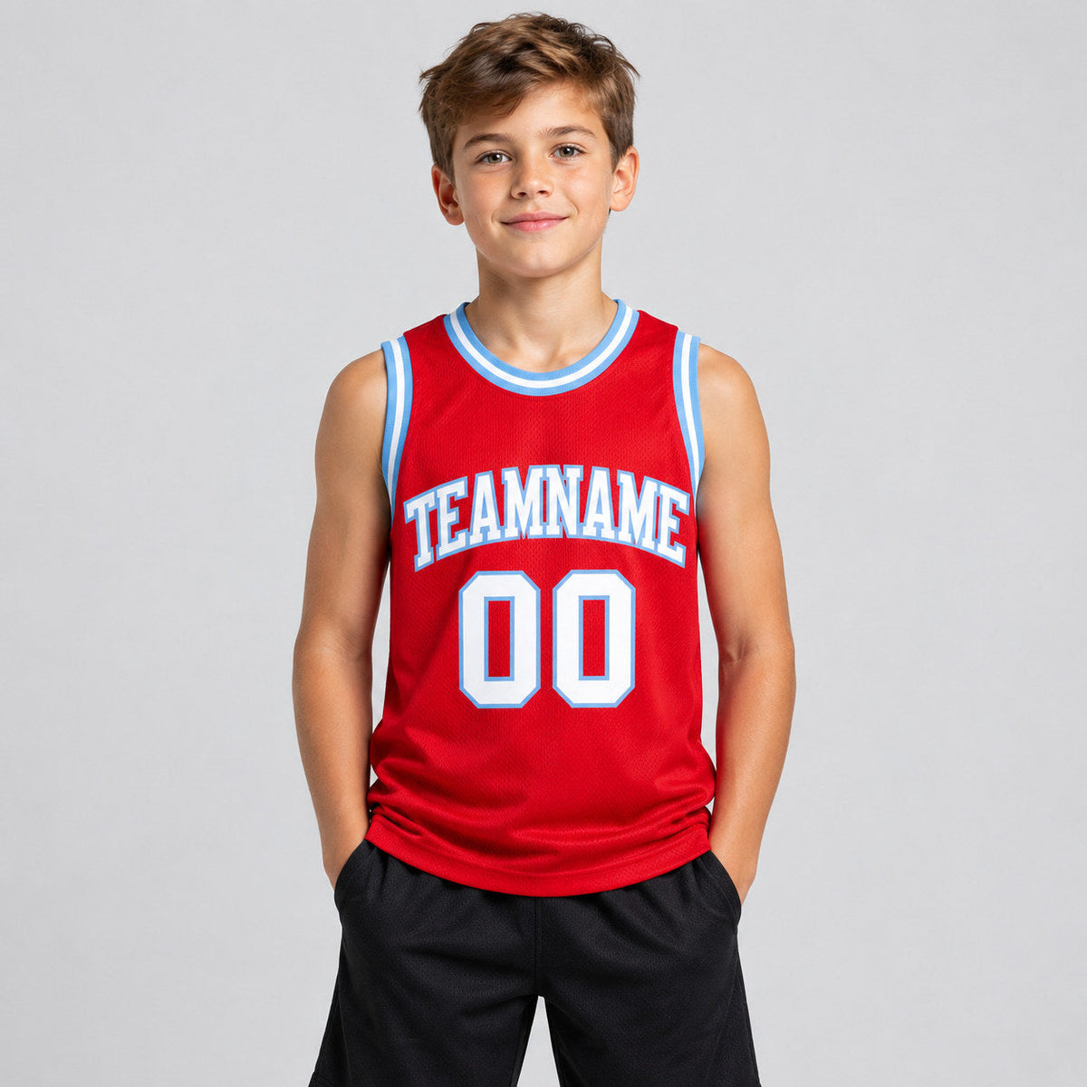 Custom Red Authentic Throwback Basketball Jersey with White and Light Blue Lettering youth size worn by child model