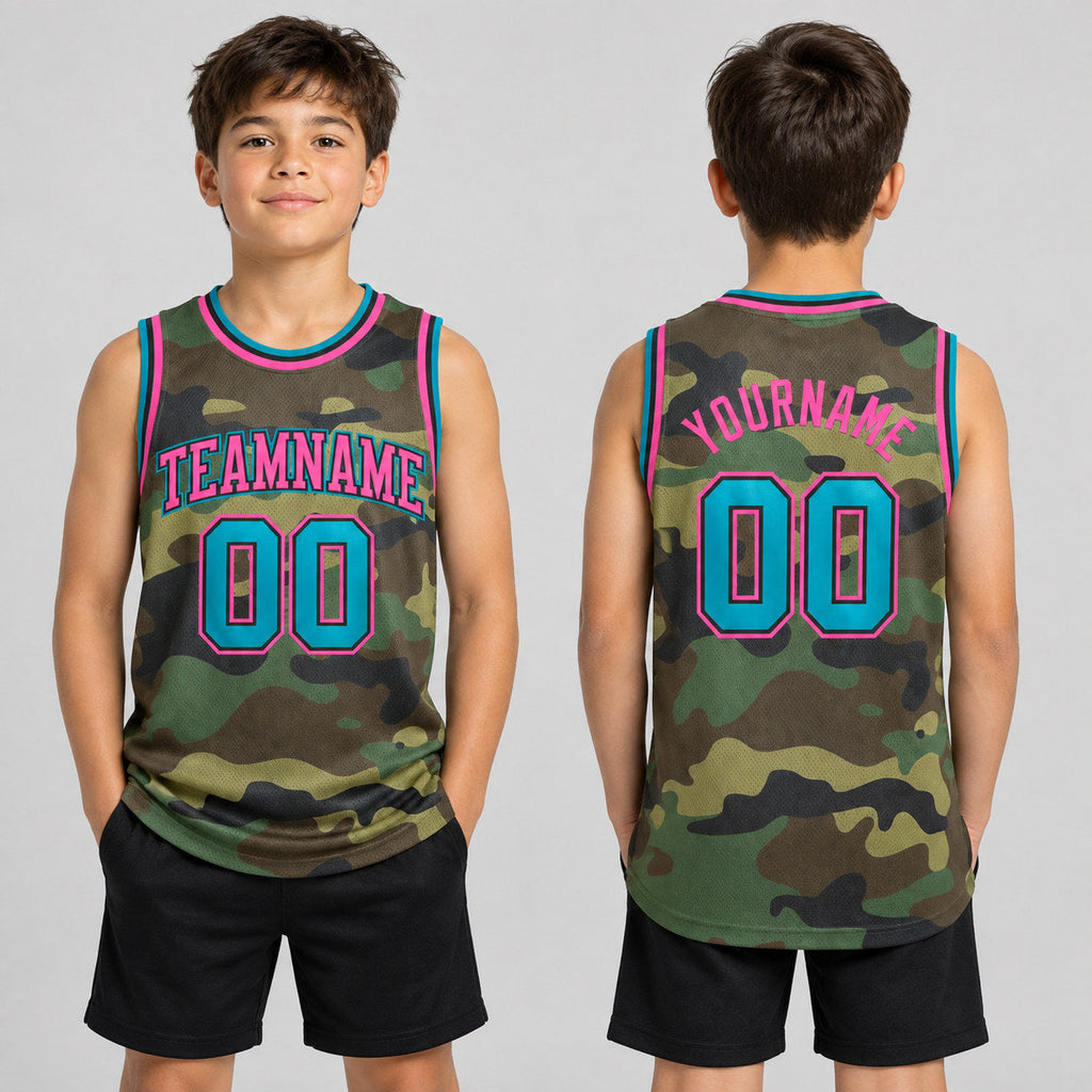 Custom Teal Camo Salute To Service Authentic Basketball Jersey with Black and Pink Lettering youth size worn by child model