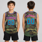 Custom Teal Camo Salute To Service Authentic Basketball Jersey with Black and Pink Lettering youth size worn by child model