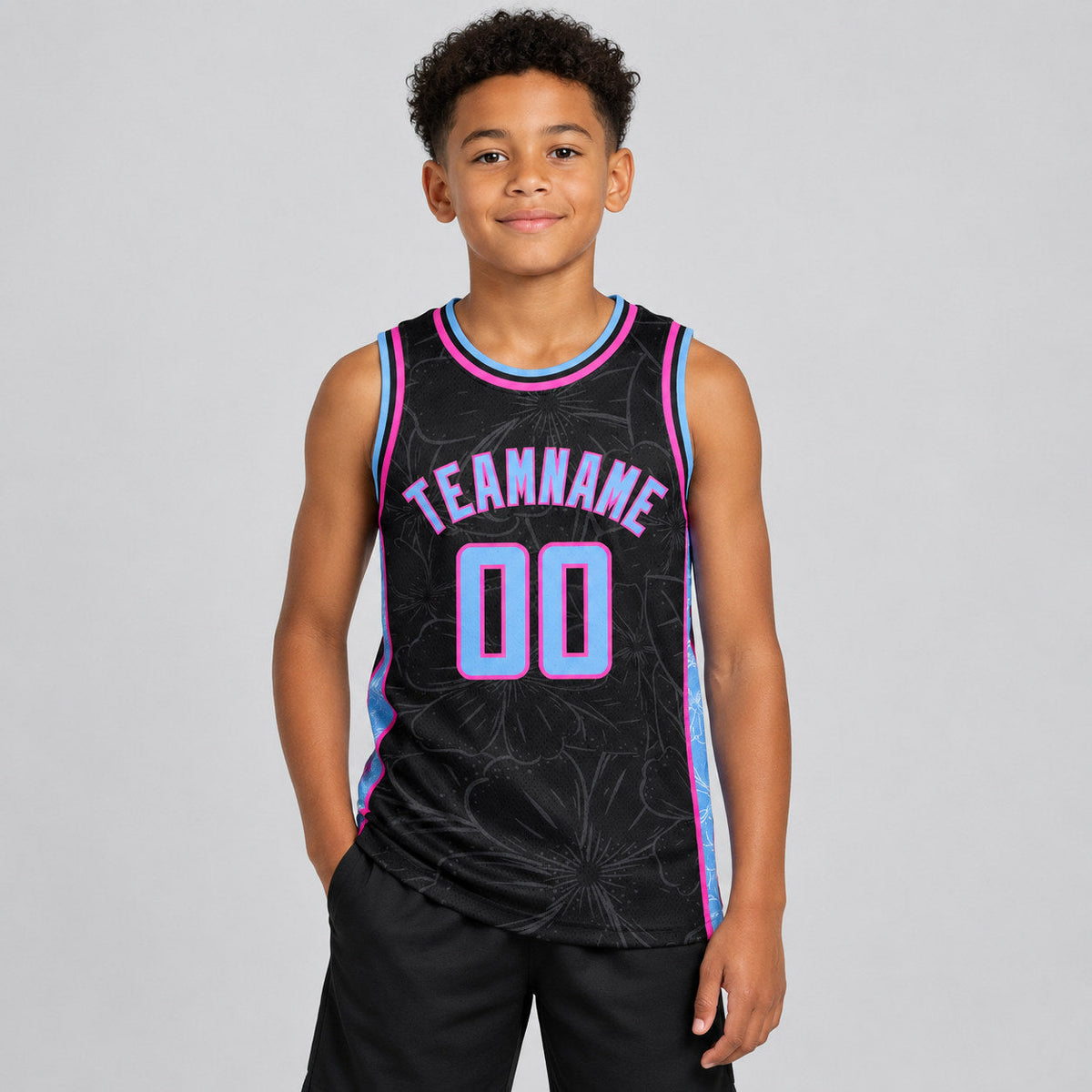 Custom Black Flowers City Edition Authentic Basketball Jersey with Light Blue and Pink Lettering youth size worn by child model