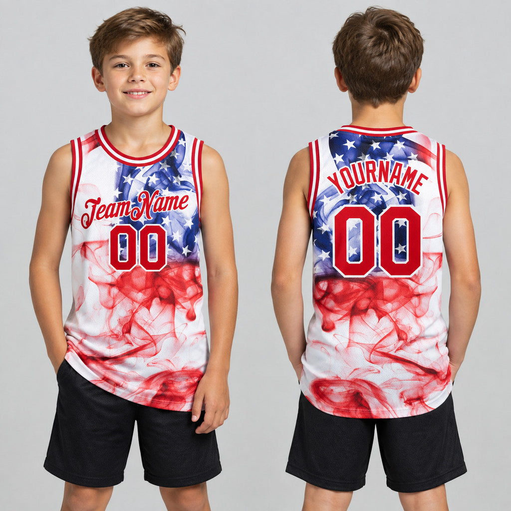 Custom White American Flag Authentic Basketball Jersey with Red Lettering youth size worn by child model
