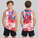Custom White American Flag Authentic Basketball Jersey with Red Lettering youth size worn by child model