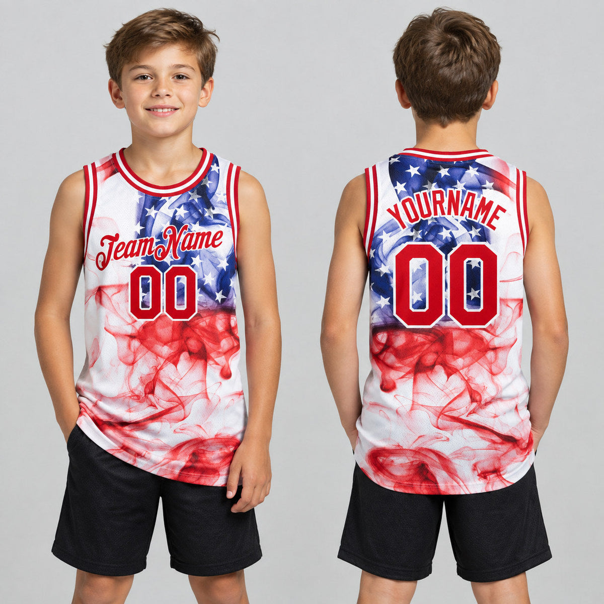 Custom White American Flag Authentic Basketball Jersey with Red Lettering youth size worn by child model