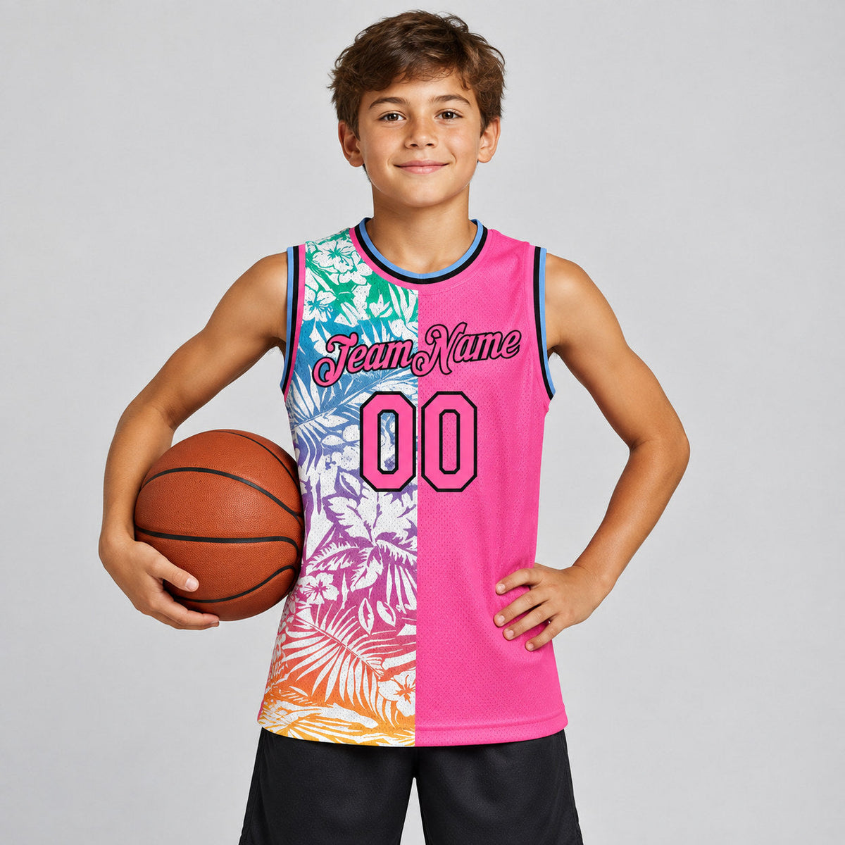 Custom Pink Tropical Hawaii Palm Leaves Authentic Basketball Jersey with Black Lettering youth size worn by child model