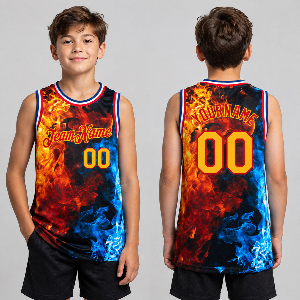 Custom Red Flame Authentic Basketball Jersey with Gold and Royal Lettering youth size worn by child model