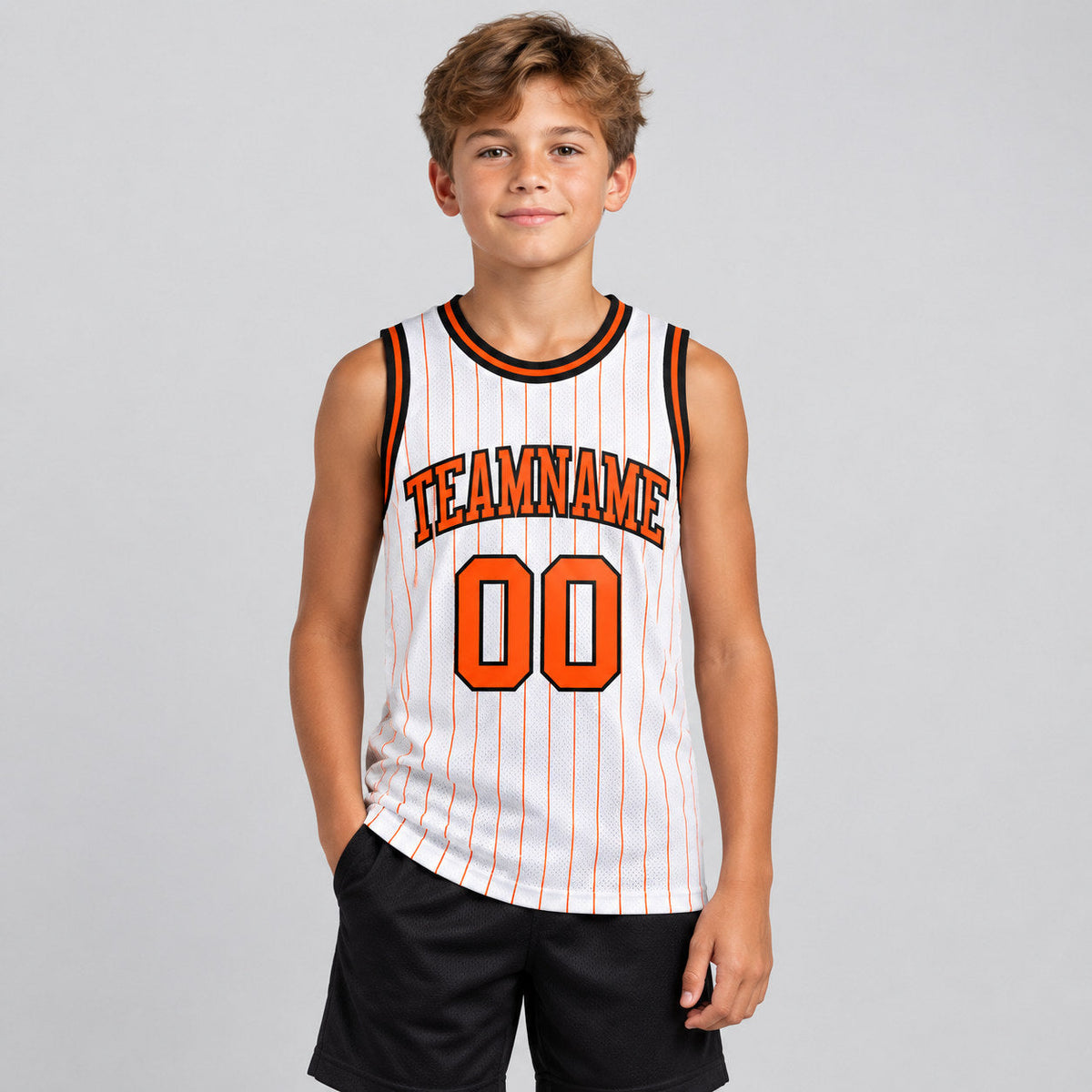 Custom White and Orange Pinstripe Authentic Basketball Jersey with Orange and Black Lettering Design 1251 youth size worn by child model