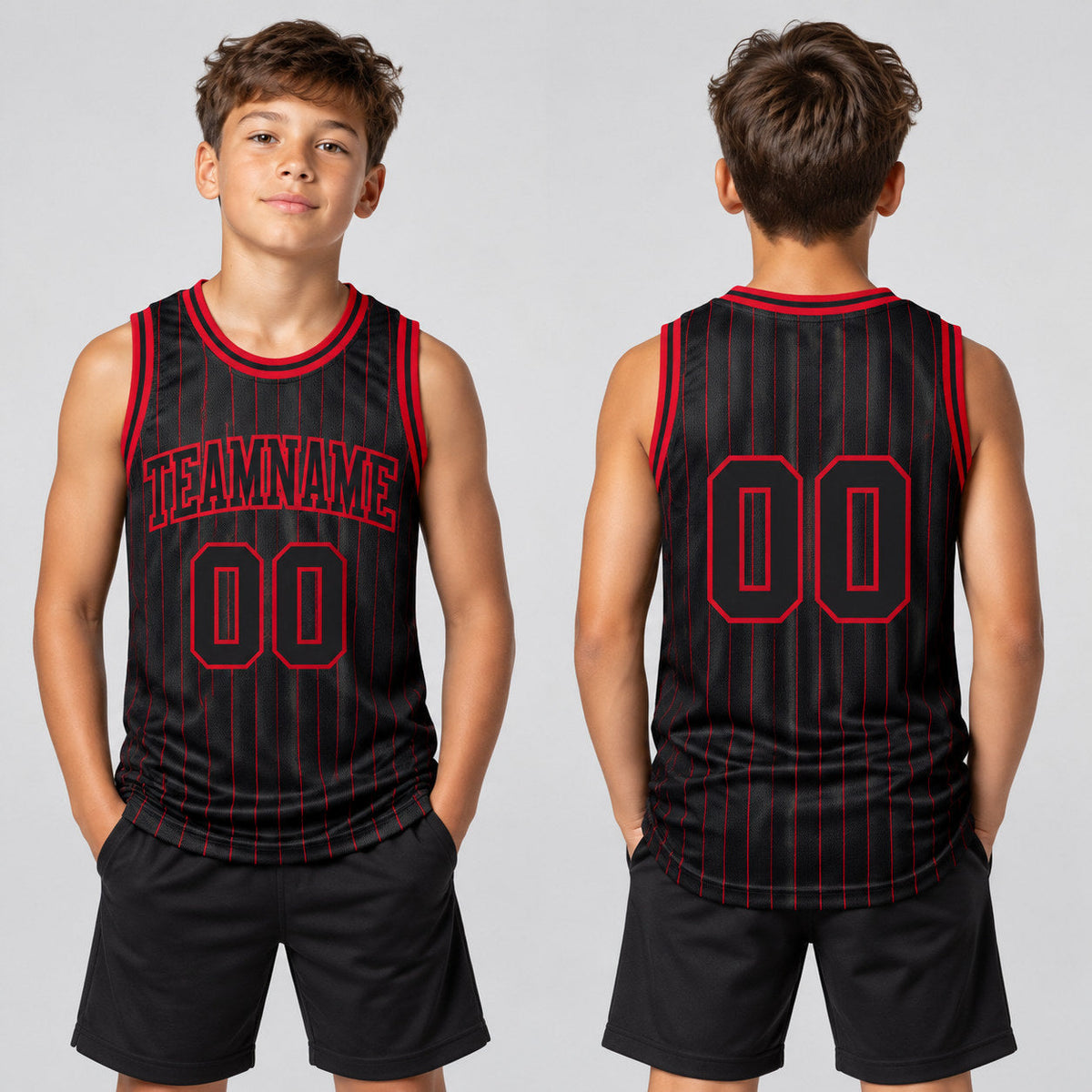 Custom Black and Red Pinstripe Authentic Basketball Jersey with Black and Red Lettering youth size worn by child model