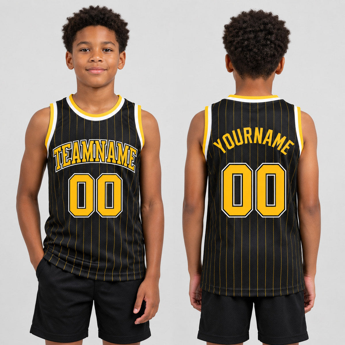 Custom Black and Gold Pinstripe Authentic Basketball Jersey with Gold and Black Lettering youth size worn by child model