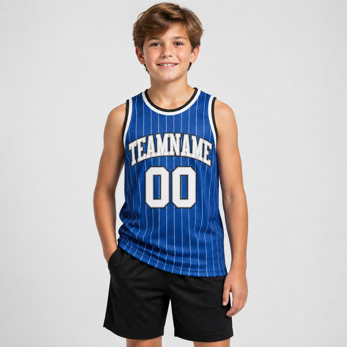 Custom Royal and White Pinstripe Authentic Basketball Jersey with Gray and Black Lettering youth size worn by child model