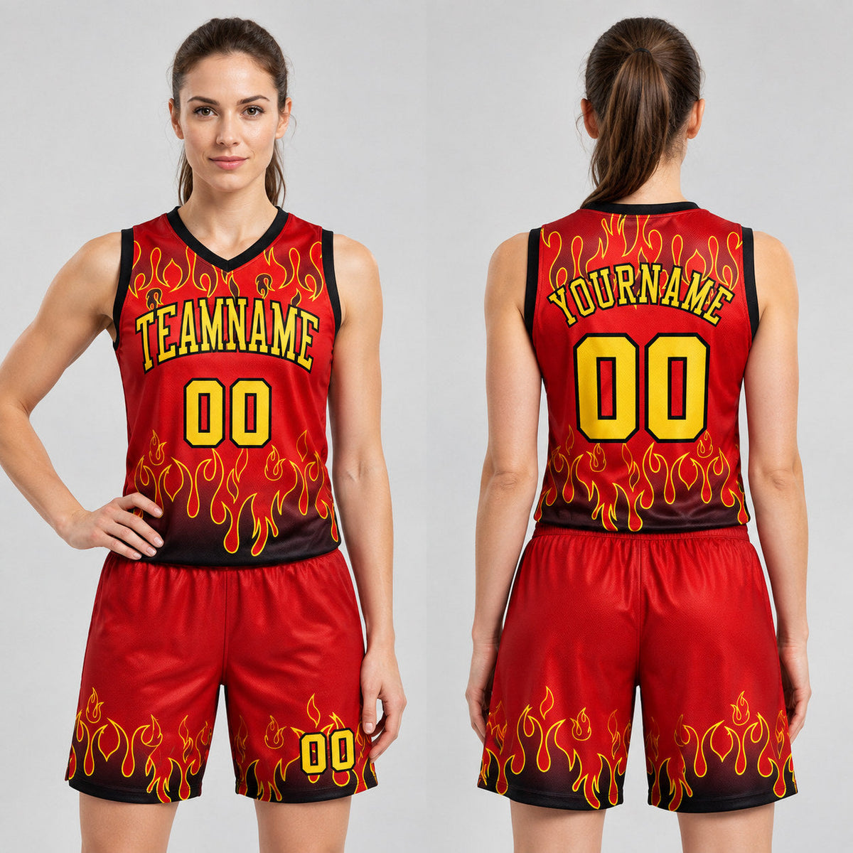 Custom Red Flame Round Neck Sublimated Basketball Jersey with Gold and Black Lettering worn by female model