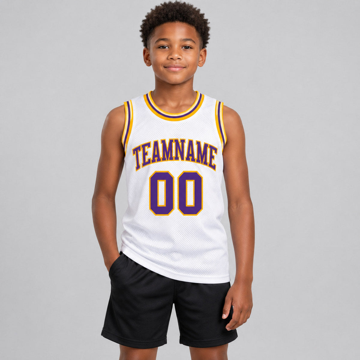 Custom White Authentic Throwback Basketball Jersey with Purple and Gold Lettering Design 1140 youth size worn by child model