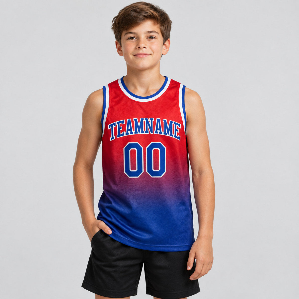 Custom Red Fade Authentic Basketball Jersey with Royal and White Lettering youth size worn by child model