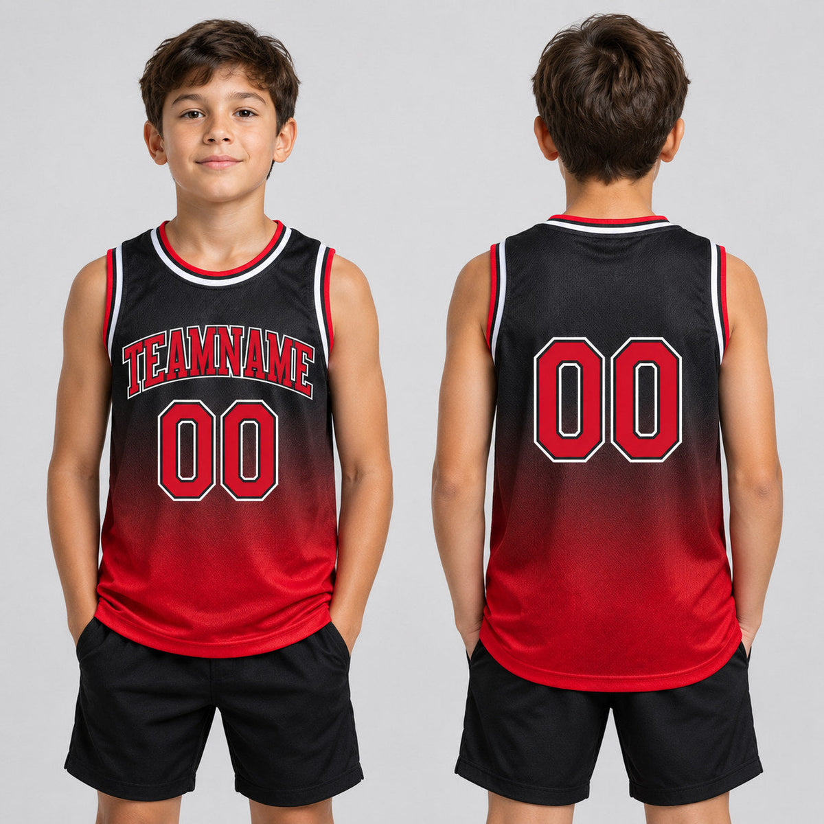 Custom Black Fade Authentic Basketball Jersey with Red and White Lettering youth size worn by child model