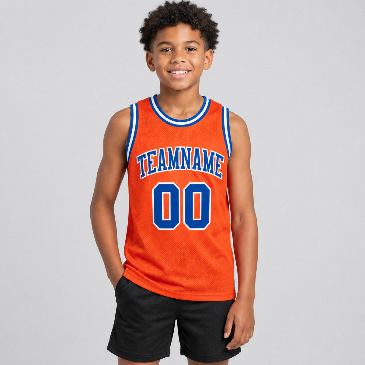 Custom Orange Authentic Throwback Basketball Jersey with Royal and White Lettering Design 0214 youth size worn by child model