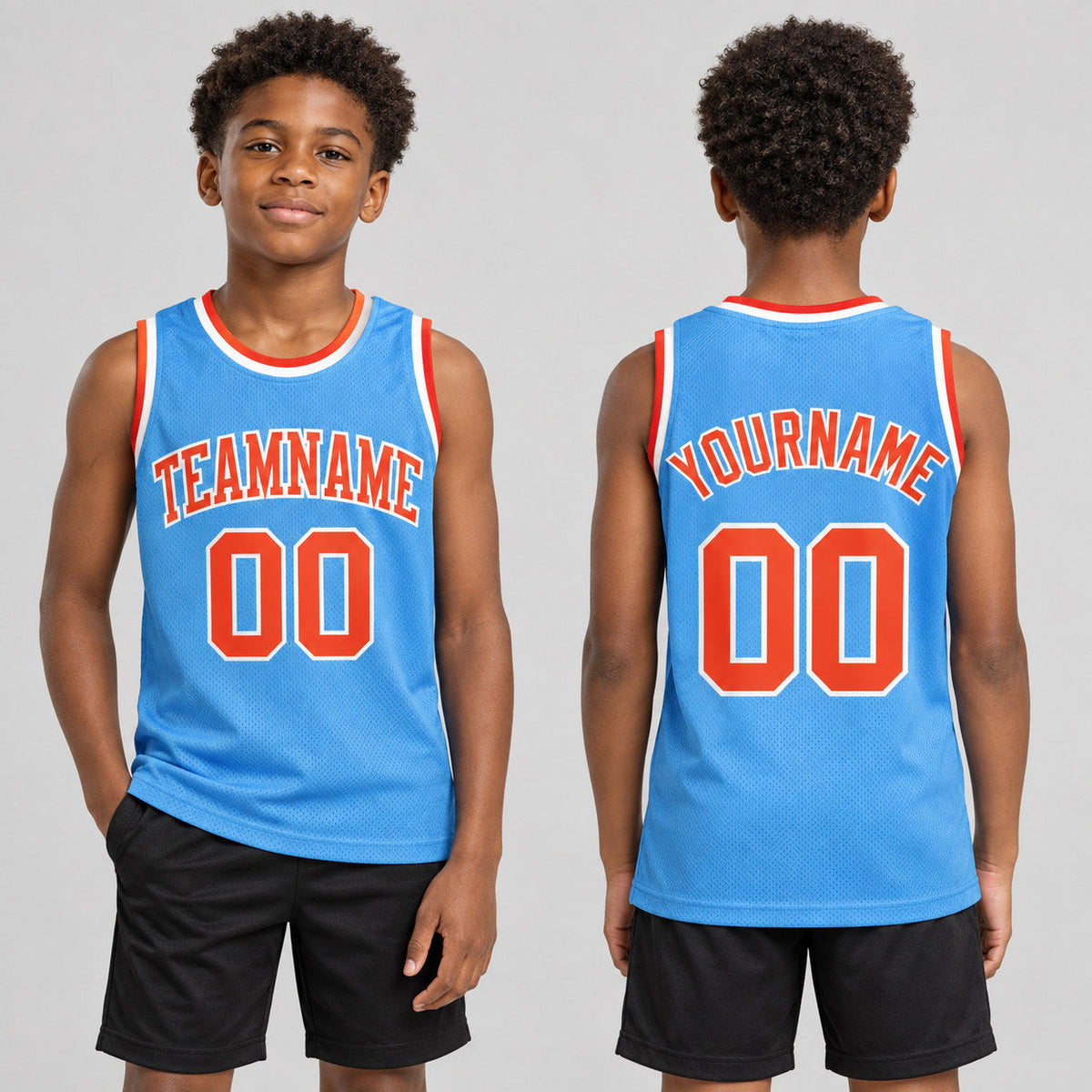 Custom Light Blue Authentic Throwback Basketball Jersey with Orange and White Lettering youth size worn by child model