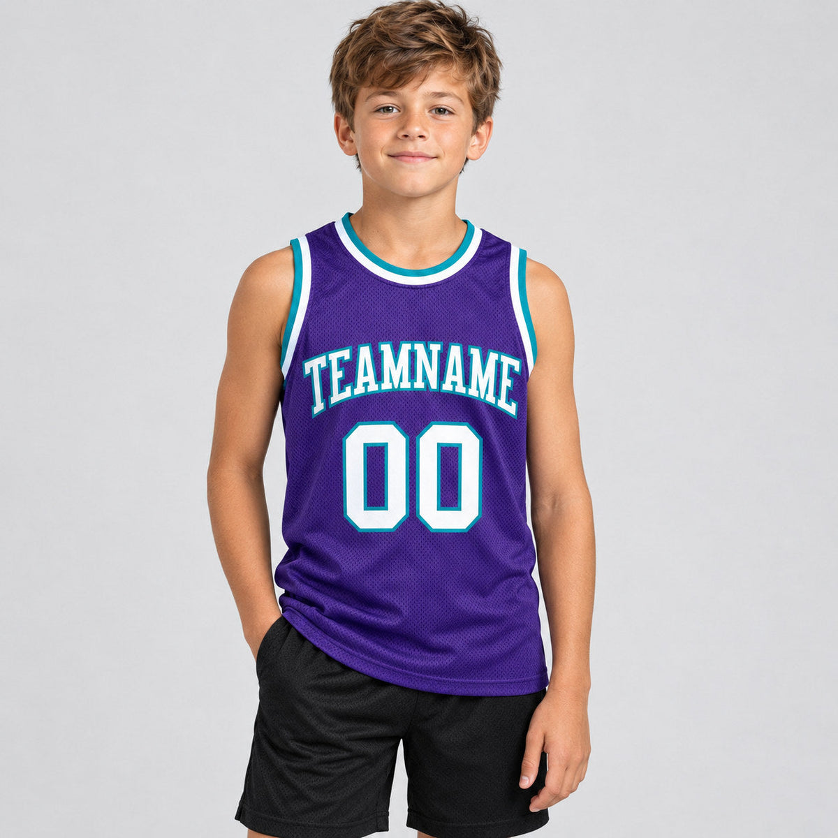 Custom Purple Authentic Throwback Basketball Jersey with White and Teal Lettering Design 0189 youth size worn by child model
