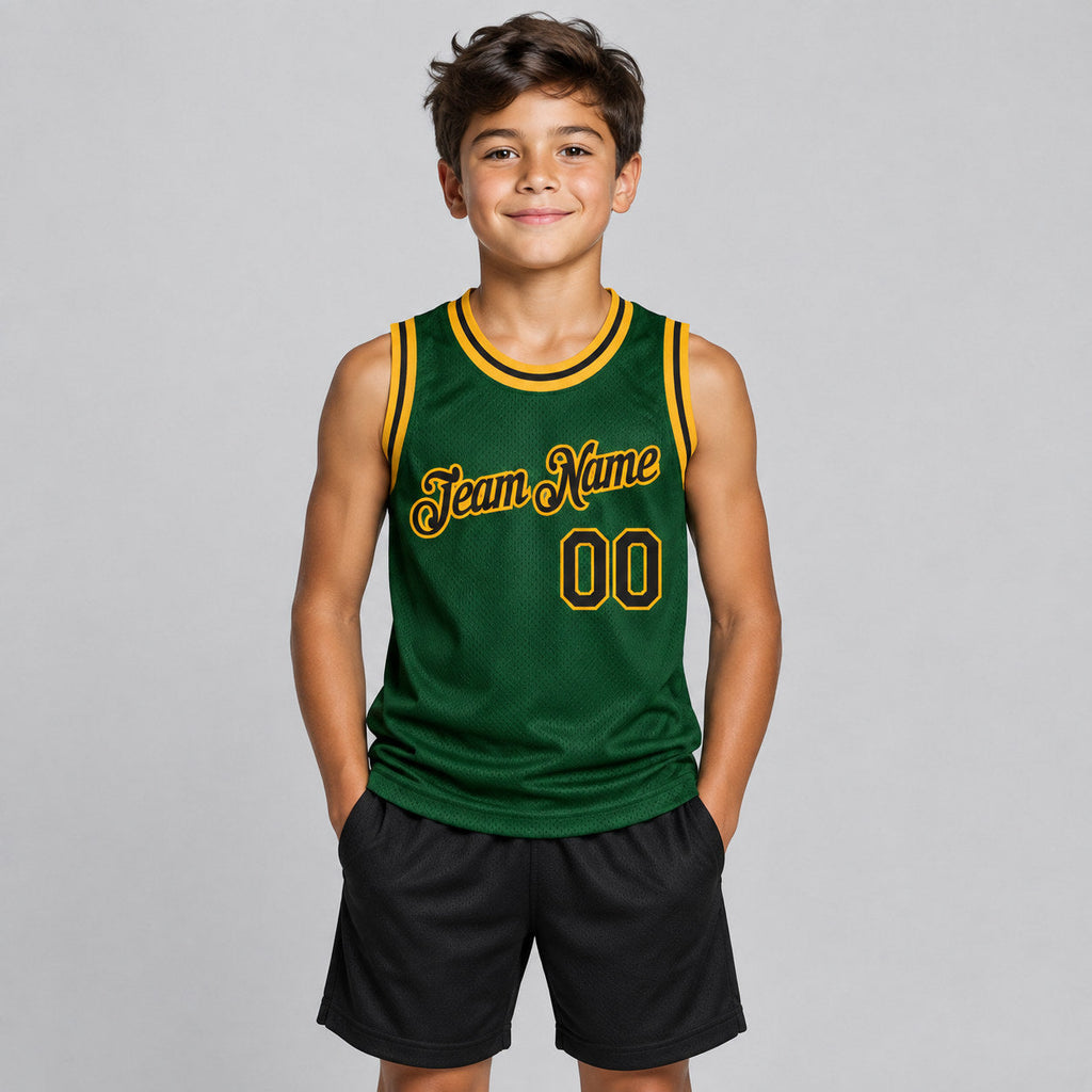 Custom Green Authentic Throwback Basketball Jersey with Black and Gold Lettering youth size worn by child model